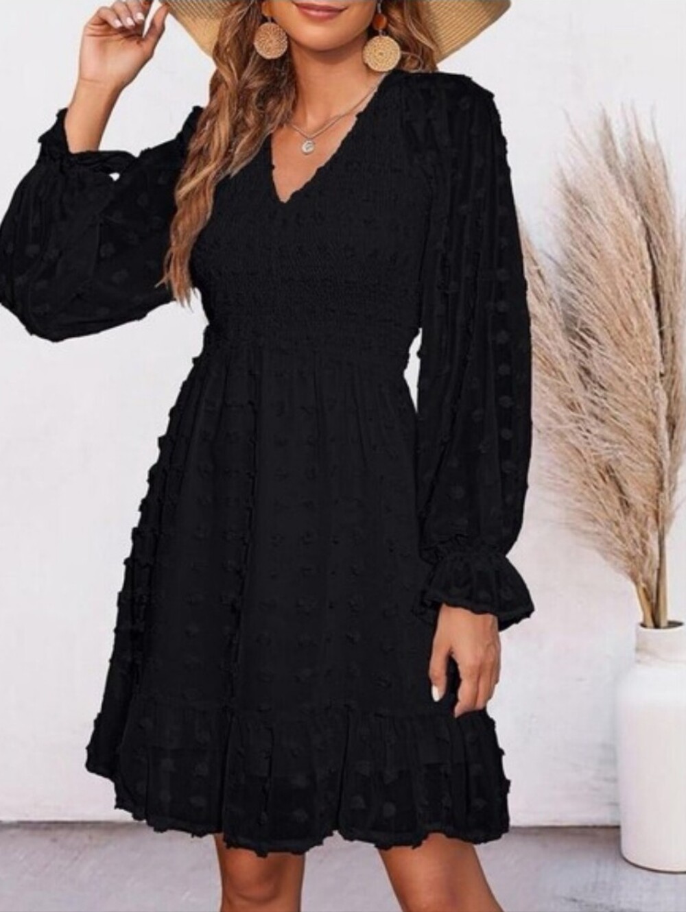 BTFBM Smocked Swiss Dot Long Sleeve Babydoll Dress V Neck New With Tags Size S